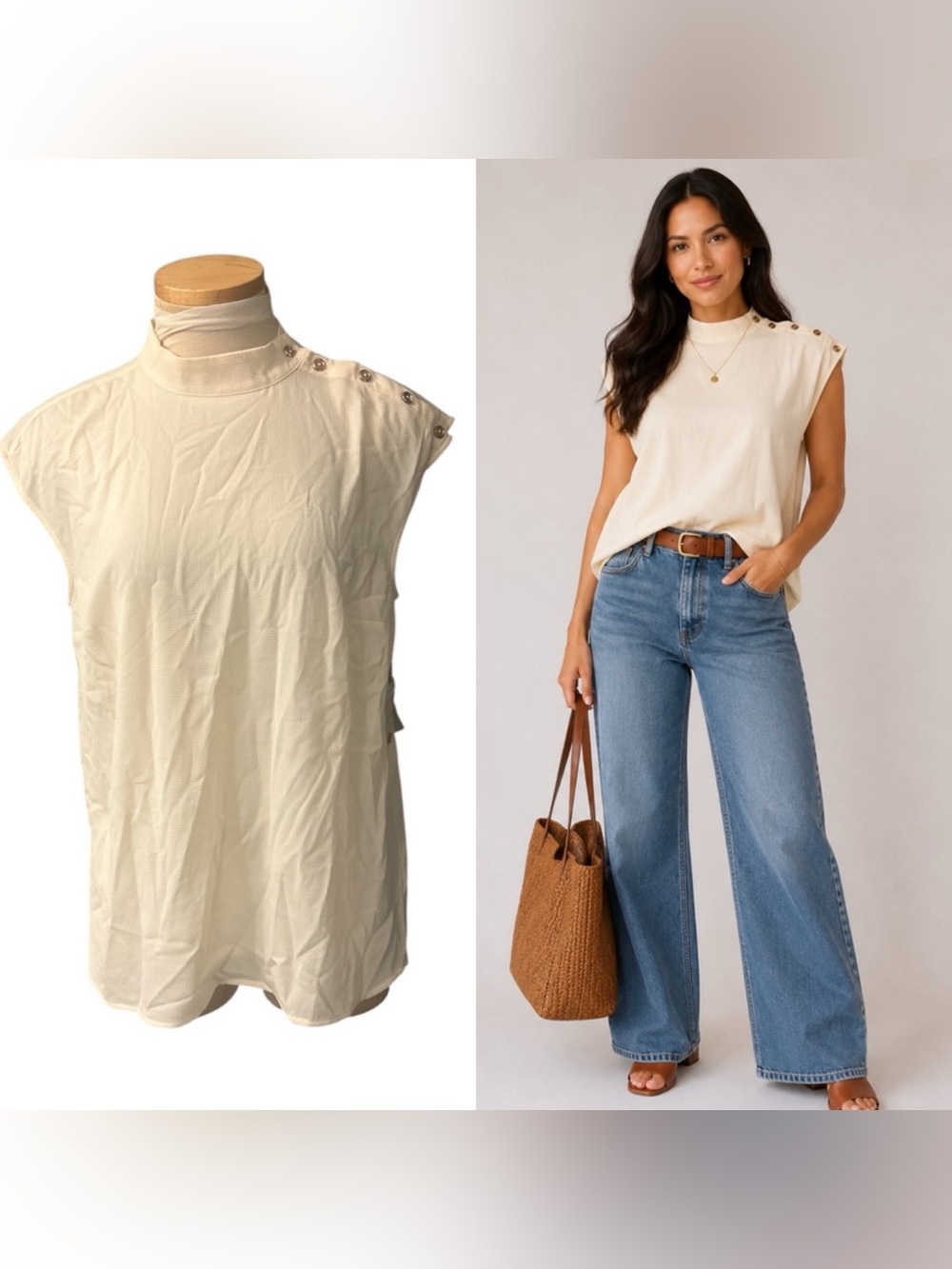 Modcloth Cream Sleeveless Mock Neck Blouse with Shoulder Buttons Size Medium